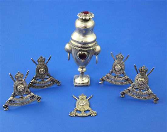 A set of four Edwardian silver military Hampshire Carabiniers Yeomanry, South Africa, 1900-01 menu holders, 3.75in.